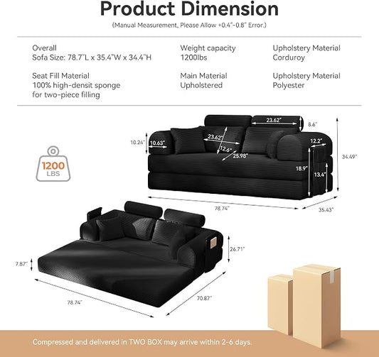 Upgrade High Backrest Design Sofa Bed with Fixed-Shape Frame & Removable Armrests and Backrest, Corduroy Fabric, Convertible Mattress Couch for Small Spaces - No Assembly Needed (Black)