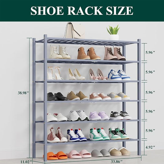 Smiry Long Bamboo Shoe Rack, 6 Tier Free Standing Wooden Shoe Organizer, Stackable Wood Shoe Storage Shelf for Closet, Entryway, 14 Vertical Slats, 2+2+2 Stack Thicker Legs, 33.7"x11"x39", Grey