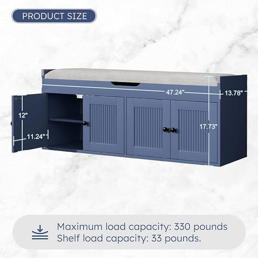 47.2" Storage Bench - Entryway Shoe Bench with 4 Doors and Top Storage Area, Multifunctional Entryway Bench with Lift Top Cushion, Shoe Storage Bench for Bedroom, Living Room, Navy Blue