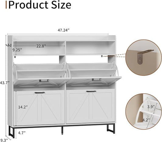 Shoe Cabinet with 4 Flip Drawers, Freestanding Hidden Shoe Storage Organizer for Entryway, Narrow Slim Shoe Rack Cabinet with Open Storage & Hooks for Front Door Entrance, Living Room, Hallway, White