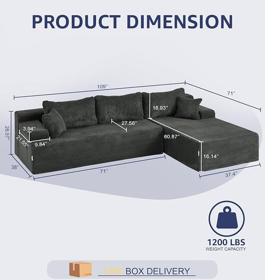 Hobestluk Modular Sectional Sofa Couches L-Shape Couch 3 Seat Modular Sofa Memory Foam Sectional Couches for Living Room, Cloud Couch with Oversized Chaise (Grey Corduroy, 108", Right Hand Facing)