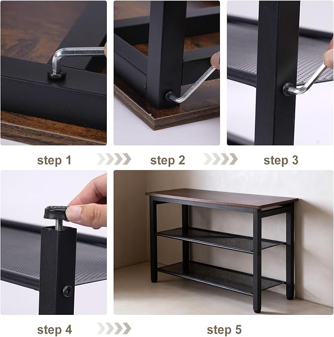 3-Tier Shoe Rack Bench, Industrial Shoe Organizer with Metal Mesh Shelves and Wood Seat, 29.5 Inch Entryway Storage Bench for Living Room or Hallway, Rustic Brown