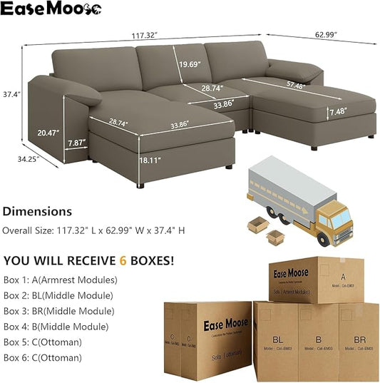 EASE MOOSE Extra Large Faux Leather Sectional U Shaped Couch, Oversized Modular Sofa with Deep Seat for Living Room,Comfy Scratch Resistant Couch,Modern Sofas with Ottoman,Light Grey