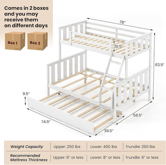 KOMFOTT Twin Over Full Bunk Bed with Trundle, Wood Bunk Bed with Pull-Out Trundle Bed, Solid Wood Frame, Ladder & Safety Guardrails, Convertible to 2 Separated Beds, No Box Spring Needed (White)
