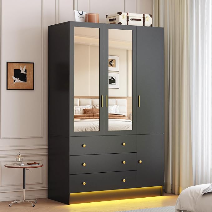 3 Doors LED Armoire Wardrobe Closet with Mirror, 75" Tall Modern Wooden Wardrobe Closet with 3 Drawers, Freestanding Clothing Storage Cabinet with Hanging Rod, Adjustable Shelves, Black