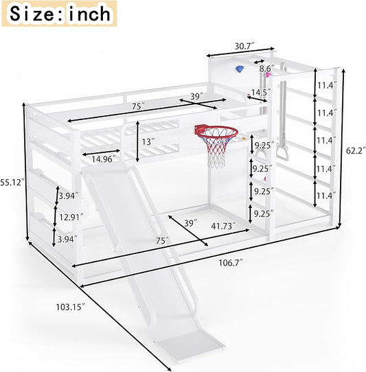 Bellemave Twin Size Bunk Bed with Basketball Hoop, Pull-up Rings and Climbing Wall, Twin Bunk Bed with Slide and Bookcase, Heavy Duty Bunk Beds with Guardrail, White