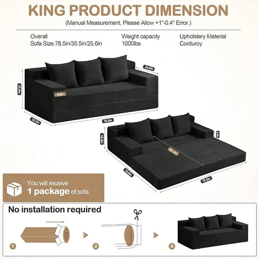 78.5” Convertible Sofa Bed,Corduroy 3 Seater Boneless Couch Bed Futon,Fold Out Couch with 3 Pillows,Loveseat Sleeper with Pull Out Bed for Living Room, Guest,Bedroom,Black