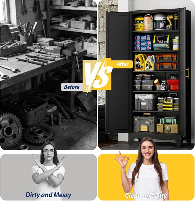 PAOFIN 75" Metal Storage Cabinet with 2 Doors and 5 Adjustable Shelves,Black Metal Garage Storage Cabinets, File Cabinet,Steel Tool Cabinets for Home,Office,Garage,School,Warehouse