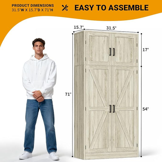 Unikito 71” Farmhouse Storage Cabinet, Large Kitchen Pantry Storage Cabinet with Adjustable Shelves and Barn Doors, Versatile Tall Storage Cupboard for Dinning Room, Bathroom, Living Room, Wash Gray