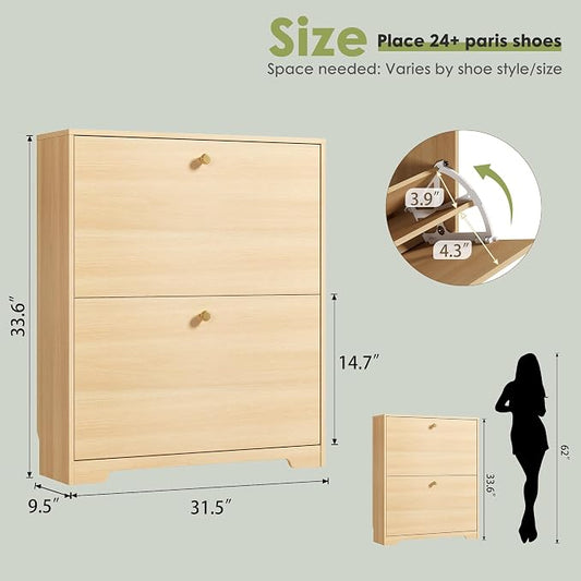 Nicetree Shoe Storage Cabinet with 2 Flip Drawers, Slim Shoe Cabinet, Hidden Shoe Rack Cabinet, Shoe Storage Cabinet for Entryway, Hallway, Foyer, Natural Oak