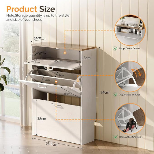 VINGLI Set of 2 Rustic White Shoe Cabinet for Entryway, 2-Pack Ultra Slim Shoe Organizer with Vintage Brown Top, 24.8" W Narrow Shoe Cabinet for Front Door, Farmhouse Wood Shoes Rack for Hallway