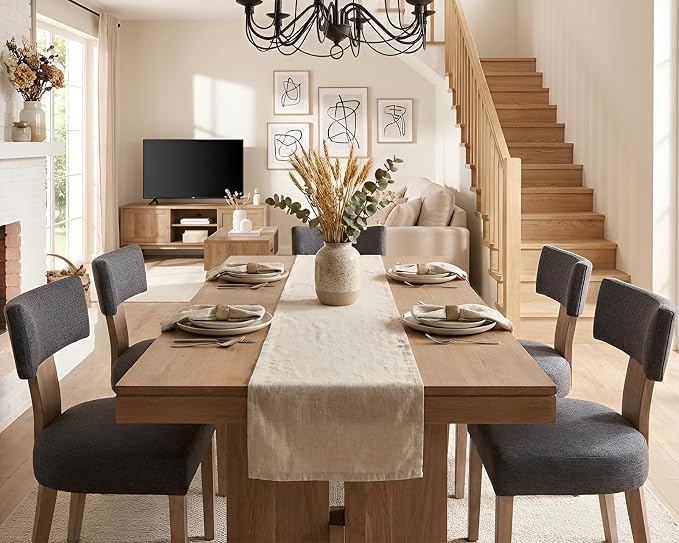 HNY Mid Century Modern Dining Chairs Set of 4, Farmhouse Linen Upholstered Accent Chair Curved Backrest Kitchen Chairs, with Hardwood Frame, Charcoal