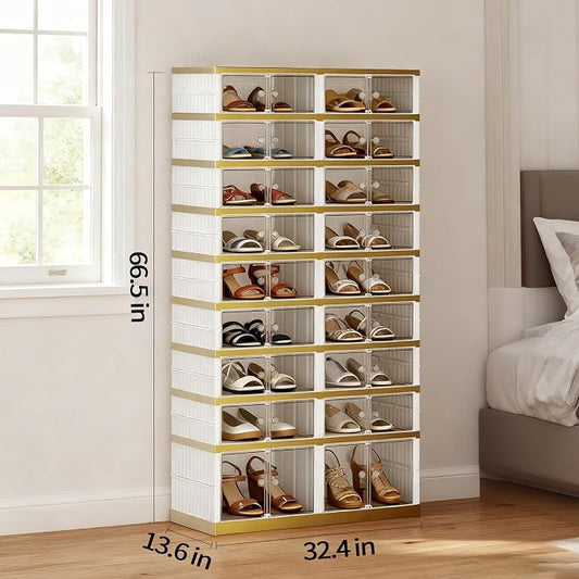 SYNCVIBE Shoe Rack Organizer for Closet Entryway Foldable Sneaker Storage Shoe, Collapsible Shoe Cabinet, Stackable Shoe Storage Cabinet with Lids for Living Room (9 Tiers -36 Pairs White Gold)