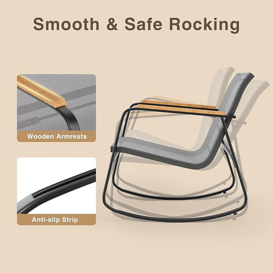 Ahomly 3 Pieces Patio Furniture Set, Outdoor Textilene Furniture Set with Wooden Armrests, Coffee Table with Tempered Glass Tabletop, Patio Chairs for Lawn, Balcony, Grey