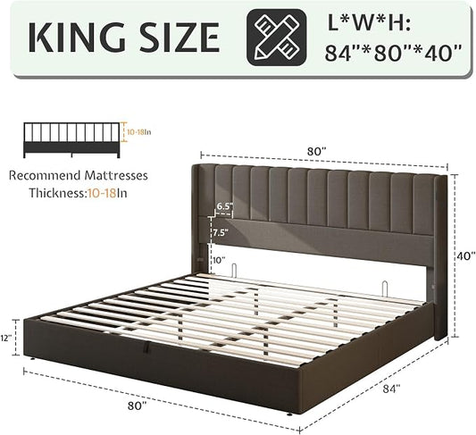 Jocisland King Size Lift Up Storage Bed Frame, Linen Upholstered Platform Bed with Vertical Channel Tufted Headboard and Wingback, Hydraulic System, No Box Spring Needed, Wood Slats Support, Dark Gray