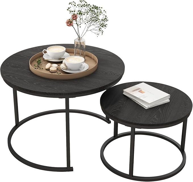 HOJINLINERO Round Coffee Table,Nesting Coffee Table Set of 2,Center Tables for Living Room,Office, Home Small Space,Stacking Side Tables,Sturdy and Easy Assembly,Wood Desktop,Black,Small
