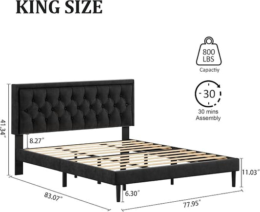 CXVX King Size Platform Bed Frame with Upholstered Velvet Button Tufted Headboard, Mattress Foundation with Wooden Slat Support, No Box Spring Needed, Easy Assembly, Noise Free, Black.