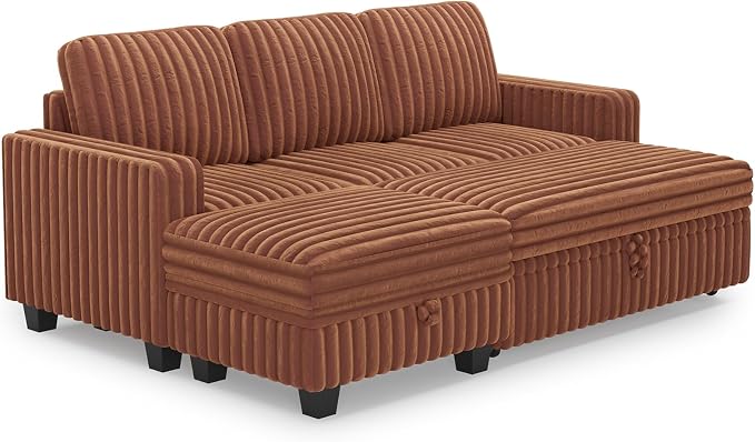 Belffin Corduroy Modular Sectional Sleeper Sofa with Pull Out Bed Small Sectional Couches with Storage for Living Room Apartment Couch. Brick-red Couch