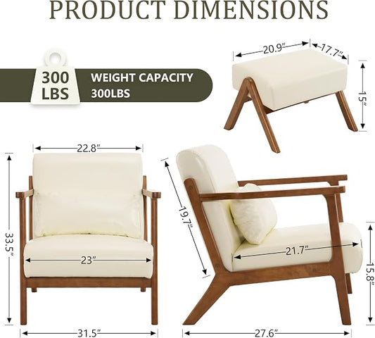 Modern Accent Chair and Ottoman Set, Mid-Century Faux Leather Upholstered Lounge Armchair with Solid Wood Frame & Comfortable Cushion for Living Room, Bedroom, Balcony, Beige