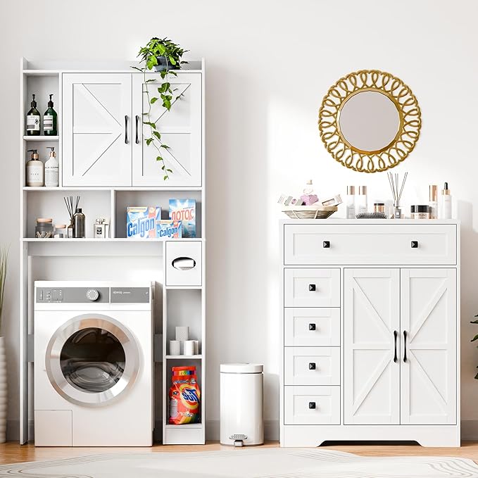 Vabches Farmhouse Storage Cabinet with 2 Doors and 5 Drawers, Freestanding Bathroom Cabinets Kitchen Pantry, Floor Storage Cabinet Hutch Cupboard for Living Room/Bathroom/Kitchen.White