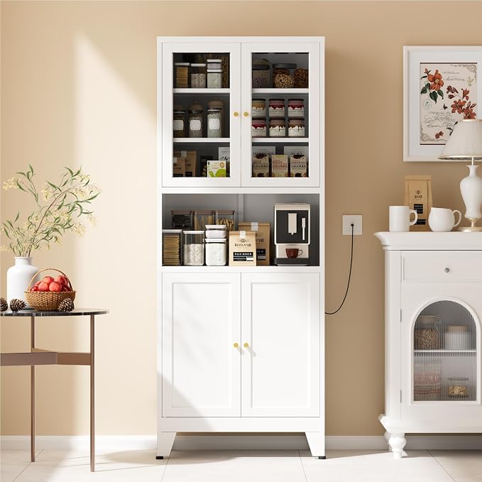 COFaR 69" Tall Modern Kitchen Pantry,Metal Storage Cabinet with Shelves & Glass Doors for Display,Pantry Storage Cabinet,Freestanding Cupboard for Kitchen,Dining Room,Living Room,Bathroom,White