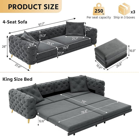 97.7" Convertible Queen Sleeper Sofa with Ottoman - Button Tufted Pull Out Sofa Bed, Velvet King Size Couch Bed & Vintage Deep Seat 4-Seater Couch for Small Spaces, Apartment & Living Room, Dark Grey | Button Tufted