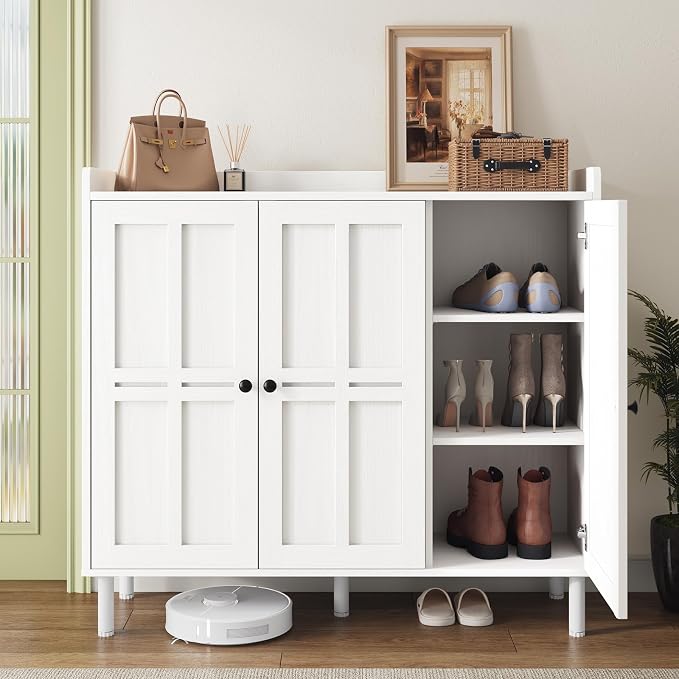 5+2 Tier Shoe Storage Cabinet with 3 Doors, 40" Tall Entryway Cabinet for 30 Pairs Shoe, Shoe Rack Organizer with 5 Adjustable Shelves & Metal Legs, Shoe Storage for Front Door Entrance, White