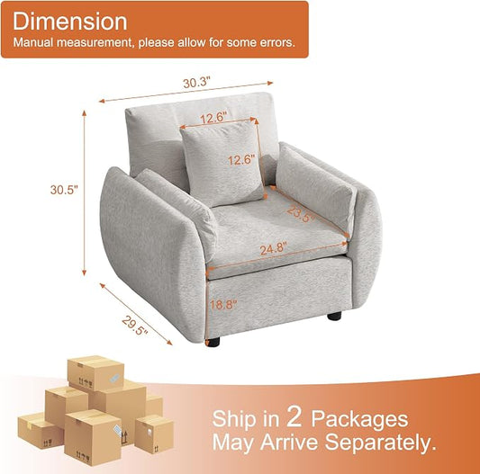 30" Single Modular Cloud Sofa Accent Chair, Deep Seat Tufted Chenille Armchair, Sectional Sofa for Living Room, Light Grey