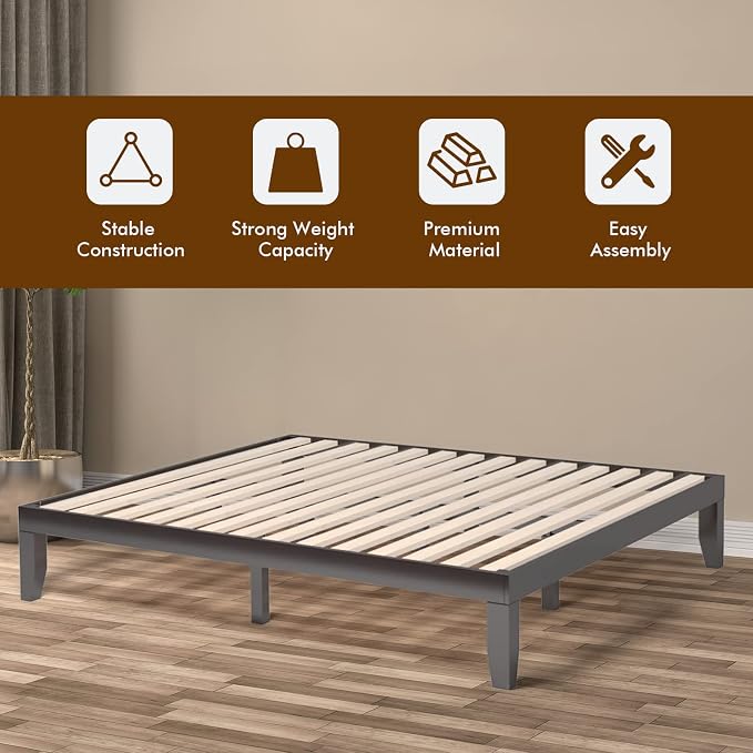 COSTWAY King Size Platform Bed Frame, 14 Inches Solid Rubber Wood Bed Mattress Foundation with Sturdy Slats Support, Easy Assembly Bed Frame for Home Hotel, No Box Spring Needed (Espresso, King)
