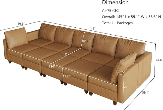 EASE MOOSE Faux Leather Sectional Sleeper Modular Sofa Modular Couch with Storage, Convertible Faux Leather Modular U Sectional Sleeper Sofa Couch Brown