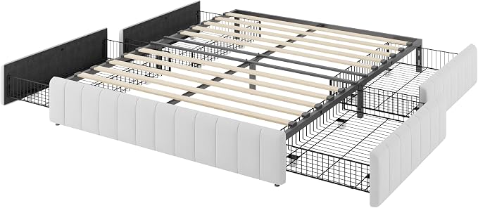 Allewie Full Size Platform Bed Frame with 4 Large Storage Drawers, Velvet Vertical Channel Tufted Upholstered Bed Base, Wooden Slats Support, Noise-Free, No Box Spring Needed, Easy Assembly, White