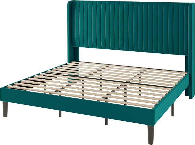 Allewie King Size Bed Frame/Velvet Upholstered Platform Bed/Vertical Channel Tufted Wingback Headboard/Strong Wooden Slats/No Box Spring Needed/Easy Assembly/Teal
