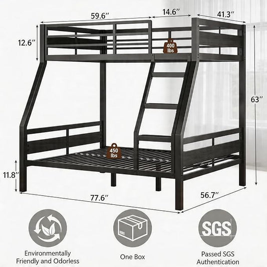 Einhomn Bunk Bed Twin Over Full, Heavy Duty Metal Bed with Ladder and Full-Length Guardrail, Large Under-Bed Storage Space, No Box Spring Needed, Noise Free, Black