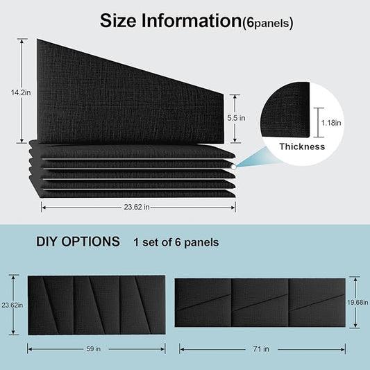 Fabric Upholstered Wall Mounted Headboard for Queen Bed Panels: Stick-On Headboard in Matte Black - Soundproof Padding for Bedroom & Living Room (6 Panels)