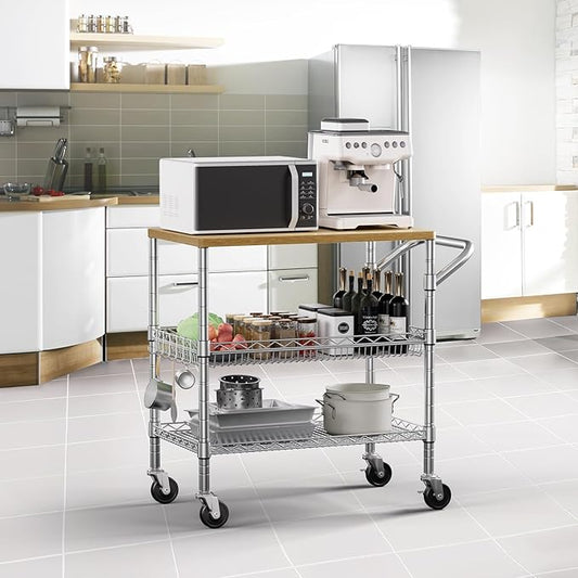 3 Tier Rolling Kitchen Carts on Wheels with Storage,650Lbs Heavy Duty Utility Carts with Wheels,Kitchen Island with Wood Tabletop,Metal Serving Rolling Cart for Small Appliance Food Cart,Wood+Metal