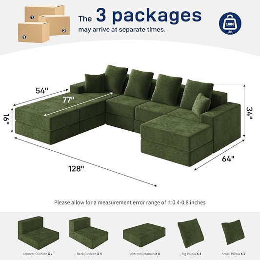 Living&Giving 128" U-Shaped Cloud Sectional Couch for Living Room, Cloud Boneless Couch-No Assembly with Reversible Chaise, Customizable 4-Seat Modular Sectional Sofa with 3 Ottoman, Green