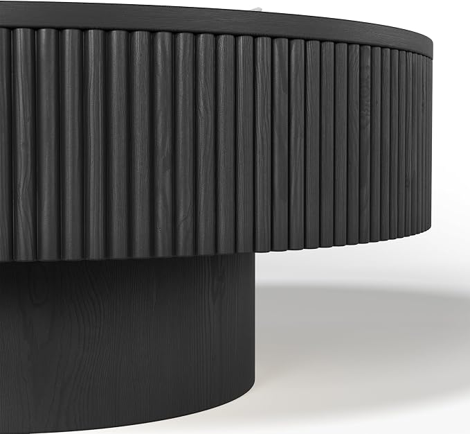 YOUDENOVA 35” Round Fluted Coffee Table, Modern Wood Circle Coffee Table, Veneer Handcrafted Relief Tea Table with Sturdy Pedestal for Living Room - Black