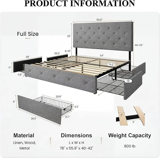 SHA CERLIN Upholstered Full Size Platform Bed Frame with 4 Storage Drawers, Adjustable Headboard with Diamond Stitched Button Tufted Design, Wooden Slat Support, No Box Spring Needed, Light Grey
