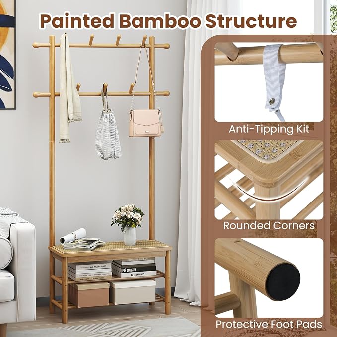 Giantex 3-in-1 Hall Tree with Bench and Shoe Storage, Bamboo Coat Rack Freestanding w/PE Rattan Bench, 11 Hanging Rods, 3 Tier Shoe Rack, Narrow Mudroom Storage Organizer for Entryway Bedroom,Natural
