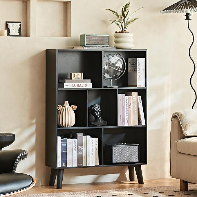LEYAOYAO 7 Cube Black Bookshelf, 3 Tier Modern Bookcase with Legs, Wood Cubeicals Organizer Storage Open Shelves, Retro Display Book Shelf, Freestanding Short Book case for Bedroom,Living Room,Office