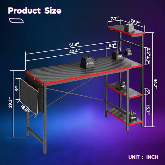 Bestier Gaming Desk with LED Lights, 51.3 Inch Computer Desk with 4 Tiers Reversible Shelves, Gamer Desk with Side Storage Bag, Hooks and Height Adjustable Shelf (Black Carbon Fiber)