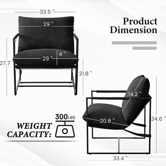 Furnilivng Large Sling Accent Chair, Comfortable Boucle Fabric Arm Chair, Upholstered Cozy Reading Chair for Living Room, Bedroom, Dressing Room, Home Office (Black, Set of 1)
