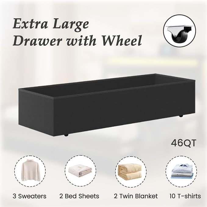 HISOFT Twin Bed Frame with Storage, Wood Headboard with Fast Charging Station, LED Lights, Platform Bed Frame Twin Size, Fabric Drawers with Wheels, No Box Spring Needed, Noise Free, Classic Black