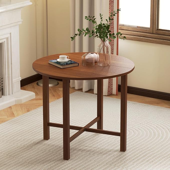 Giantex 36" Folding Dining Table for 2-4, Extendable Drop Leaf Kitchen Table with Solid Rubber Wood Frame, Space-Saving Round Dinner Table for Small Space, Living Dining Room, Dinette, Walnut