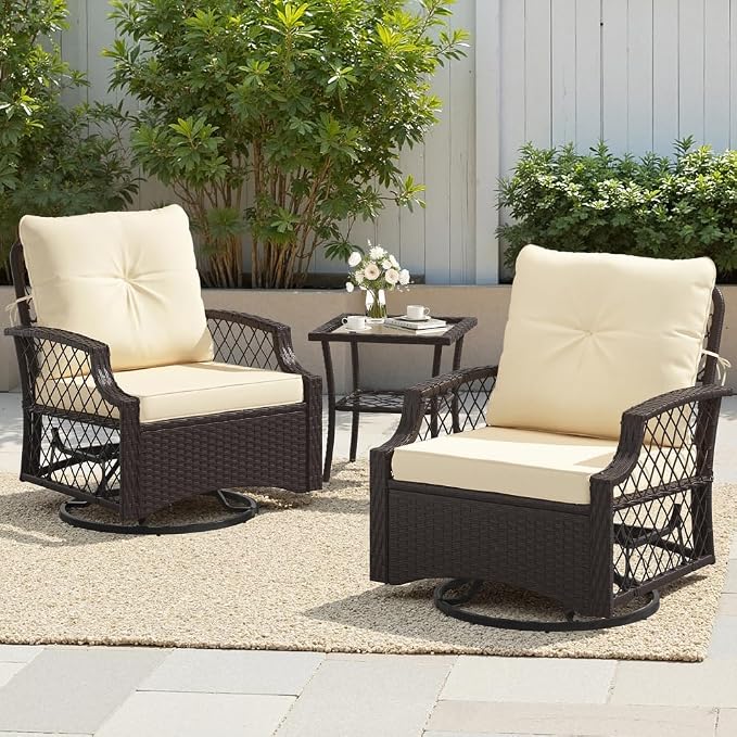 3-Piece Patio Furniture Set, Wicker Outdoor Bistro Set Swivel Glider Patio Chairs x 2 with Cushions, High Back All-Weather Rattan Outdoor Furniture for Porch, Backyard (Beige + Wicker)