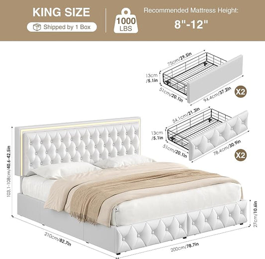Keyluv King Size LED Bed Frame with 4 Storage Drawers and Adjustable Headboard, PU Leather Upholstered Button Tufted Modern Platform Bed, Solid Wooden Slats Support, Easy Assembly, White