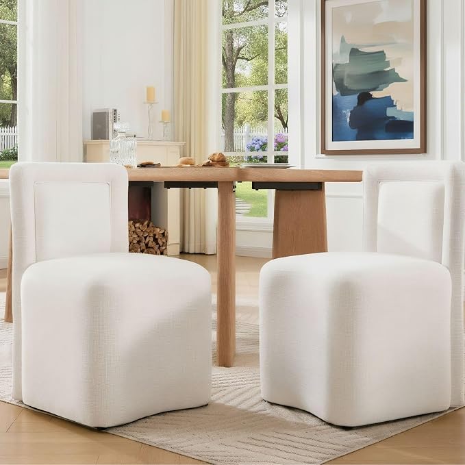 Hyfirm Upholstered Dining Chairs No Assembly, Set of 6 Modern Parsons Armless Kitchen Chairs with Padded Seat Cushion, Ready-to-Use White Linen Accent Side Chair for Diningroom Living Room Bedroom