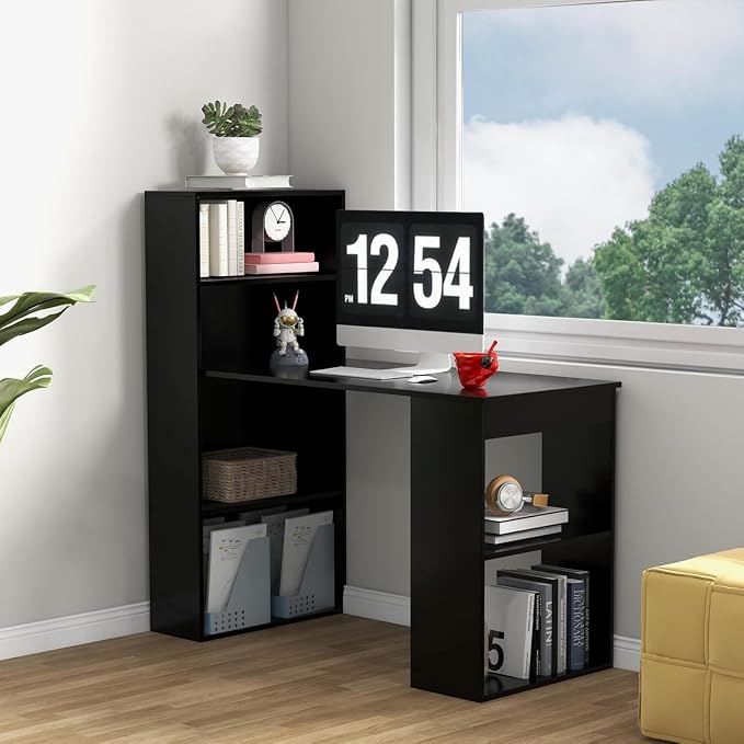 Tangkula Computer Desk with Bookshelf, Writing Study Desk with Storage Shelves & CPU Stand, Modern Compact Computer Workstation for Home & Office, Space-Saving Design (Black)