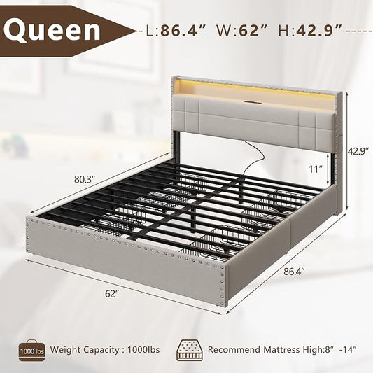 Forestell Queen Bed Frame with 4 Drawers and Storage Headboard, Upholstered Platform Bed Frame Queen Size with LED Lights and Charging Station, Metal Slats Support, No Box Spring Needed, Beige