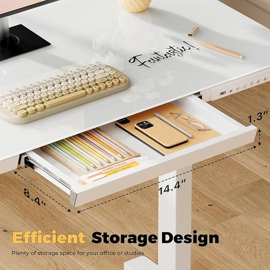 Glass Electric Standing Desk with Drawer, 31.5" x 20" Whole Piece Small Sit Stand Table, Height Adjustable Desk with Storage & USB Ports, Quick Install Home Office Computer Desk, White